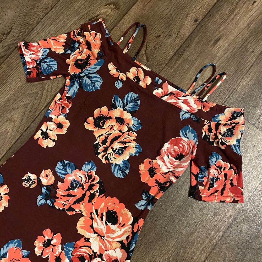 ADC Floral Off Shoulder Bodycon Midi Dress Small Maroon Pink Blue - Picture 3 of 5